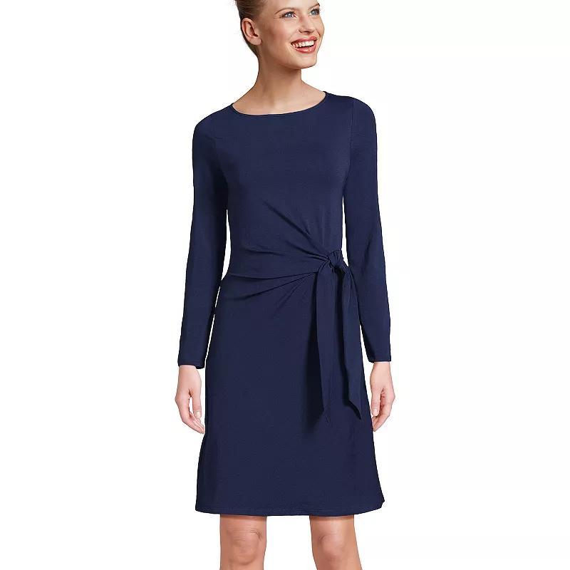 Women's Lands' End Long Sleeve Boatneck Tie-Waist Mini Dress, Size: Medium, Green Dot Floral Product Image