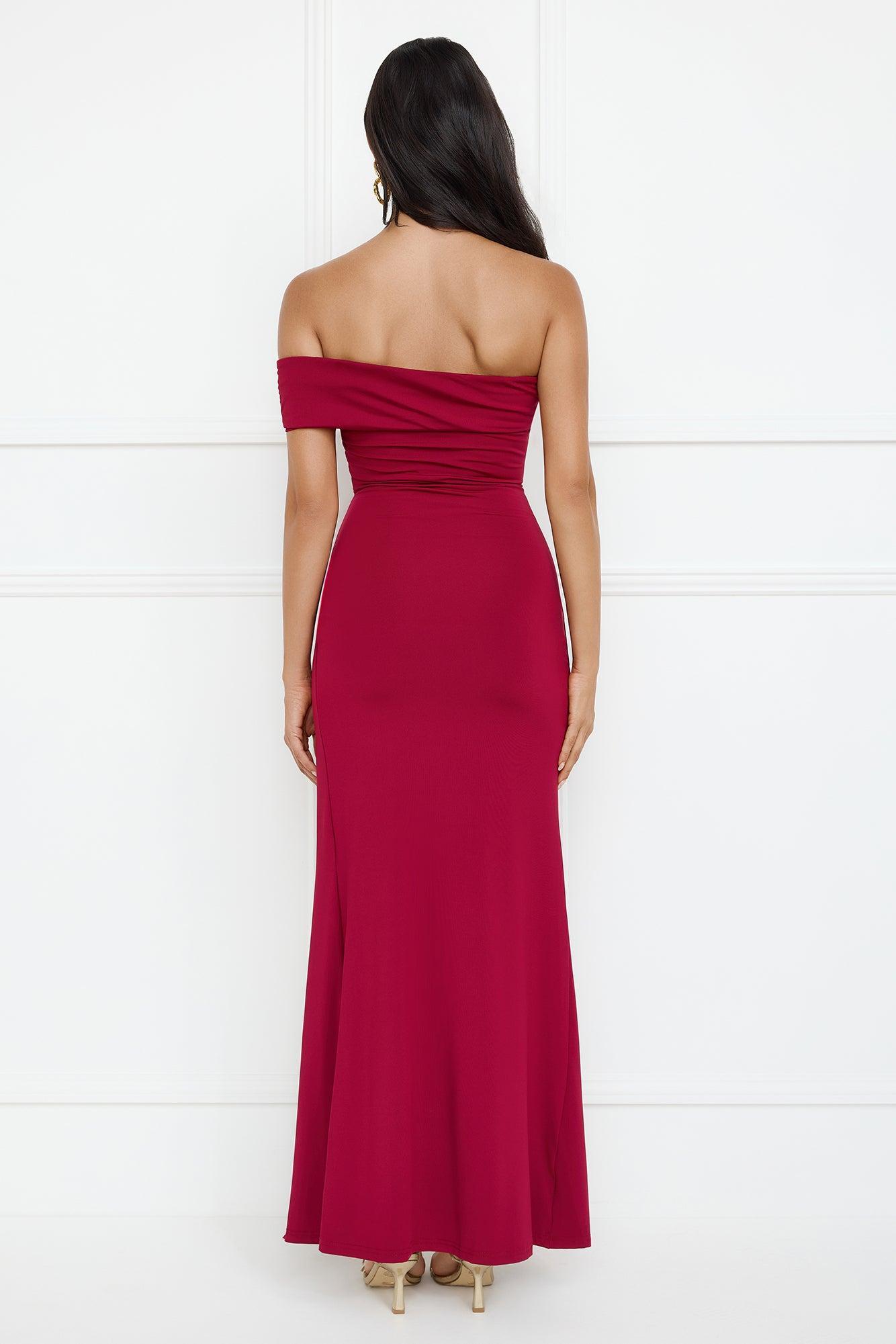 Lavish Luxe Off Shoulder Maxi Dress Burgundy Product Image