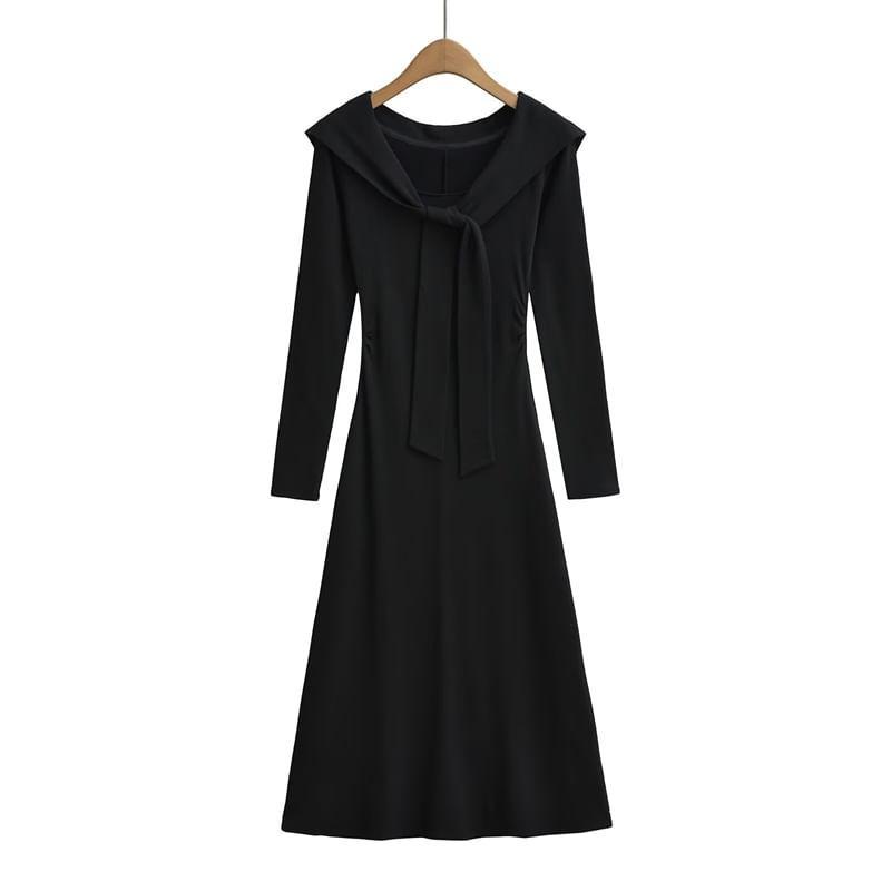 Long-Sleeve Tie-Neck Plain Midi A-Line Dress Product Image