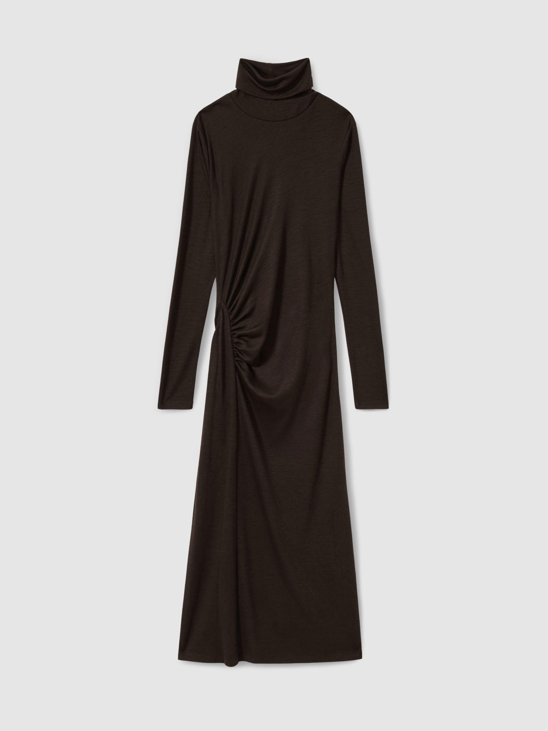 Wool Jersey Ruched Midi Dress in Brown Product Image