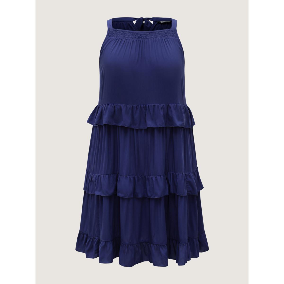 Plus Size Ruffled Tiered A-Line Tie Midi Dress DarkBlue Women Round Neck Sleeveless Curvy BloomChic 30/6X Product Image