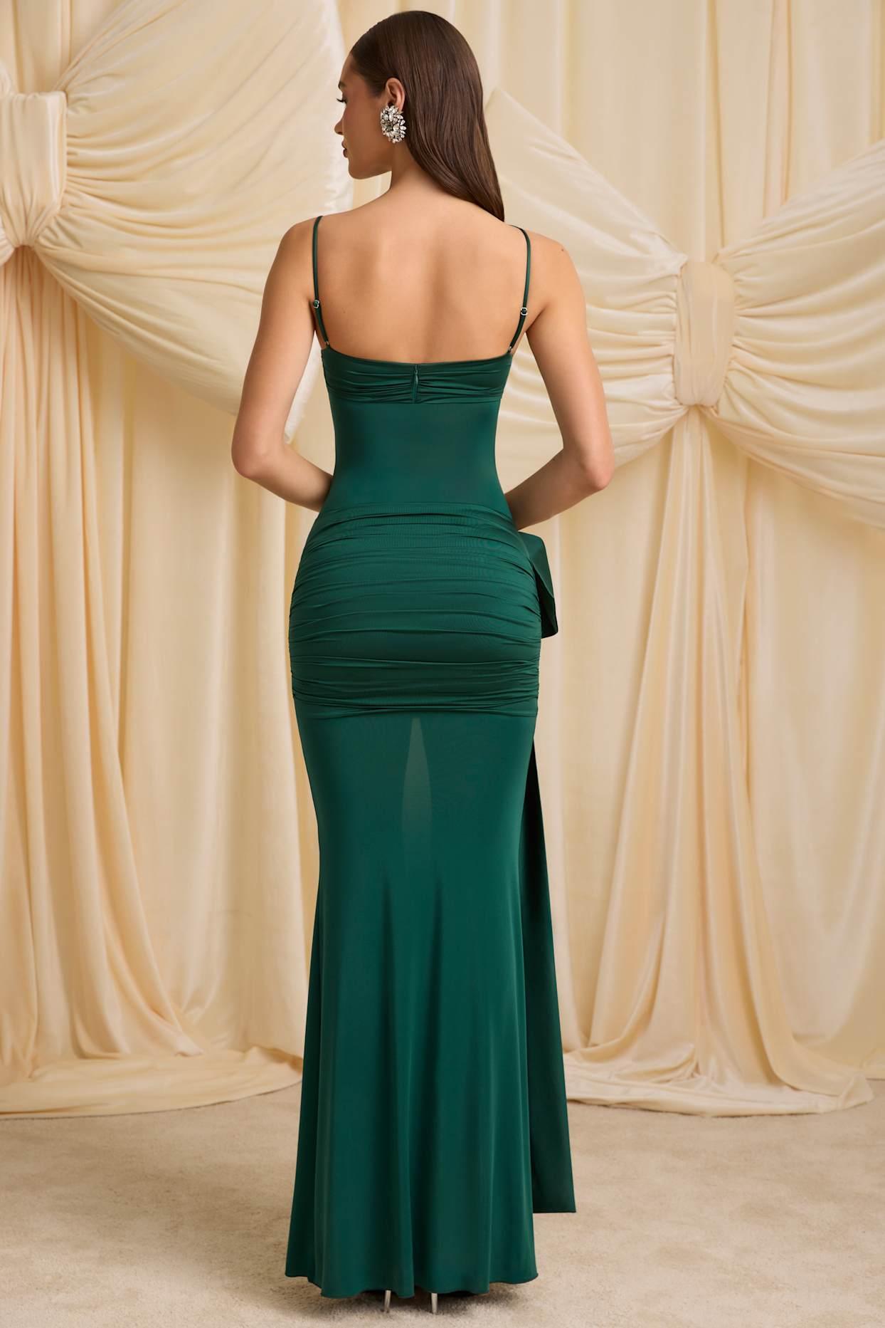 Bow-Detail Ruched Maxi Dress in Emerald Green Product Image