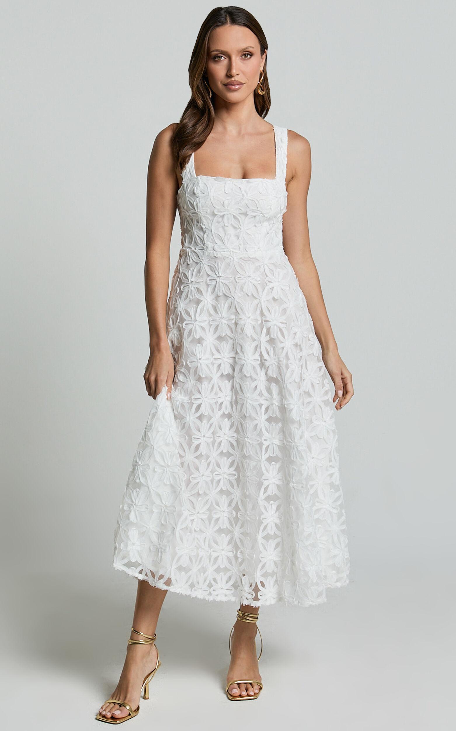 Clarissa Midi Dress - Square Neck Open Back A Line Dress in White Product Image