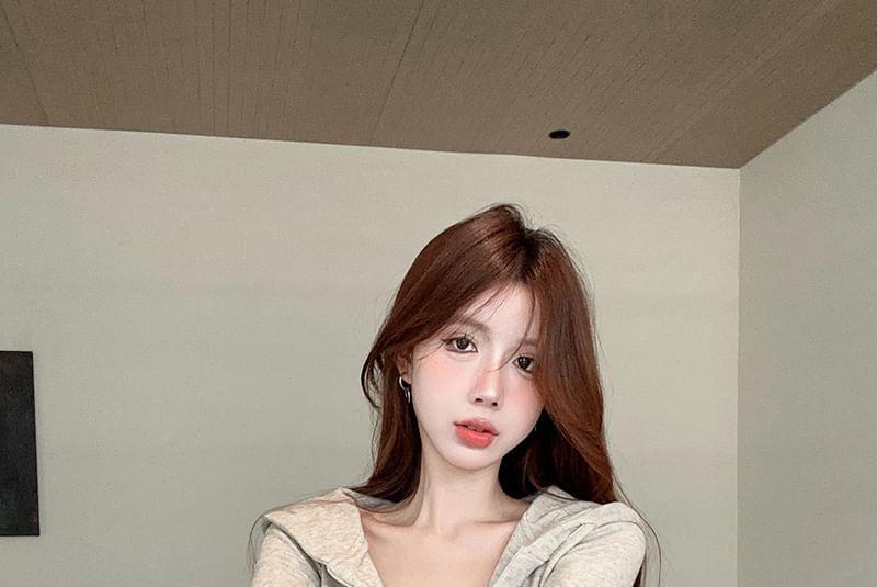 Long Sleeve Plain Hood Half Zip Top /  Drawstring Waist Wide Leg Pants Product Image