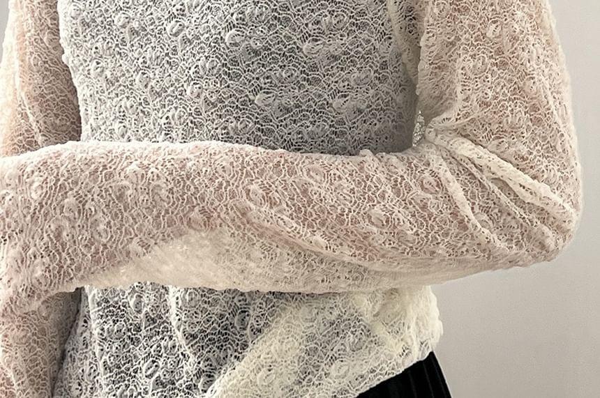 Long Sleeve Mock Neck Plain Lace Top Product Image