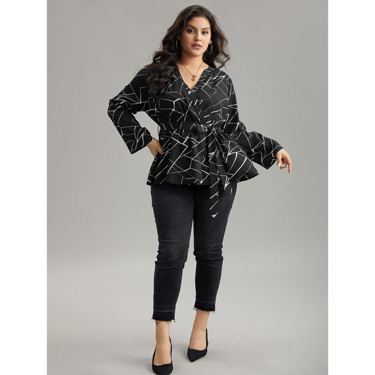 Plus Size Black Geometric Print Tab Sleeve Belted Wrap Blouse Women Office Long Sleeve V-neck Work Blouses BloomChic 10/M Product Image