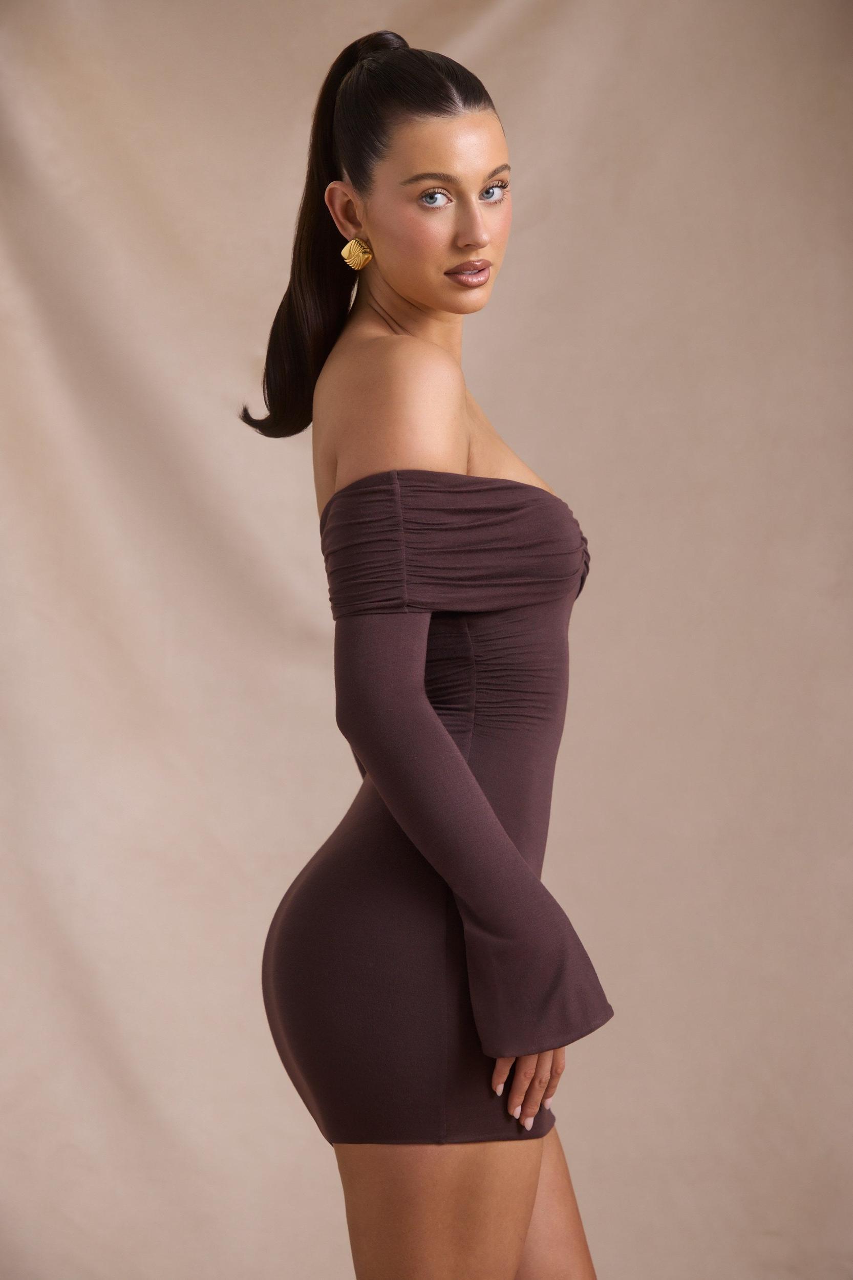 Modal-Cashmere Blend Off-Shoulder Ruched Mini Dress in Espresso Product Image