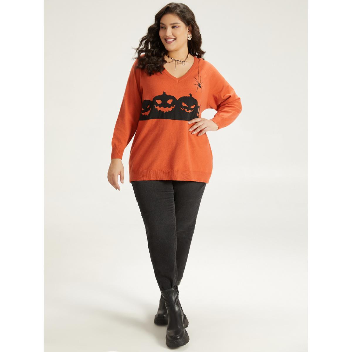 Plus Size Halloween Graphic Pumpkin V Neck Pullover OrangeRed Women Casual Loose Long Sleeve V-neck Dailywear Pullovers BloomChic 26/4X Product Image