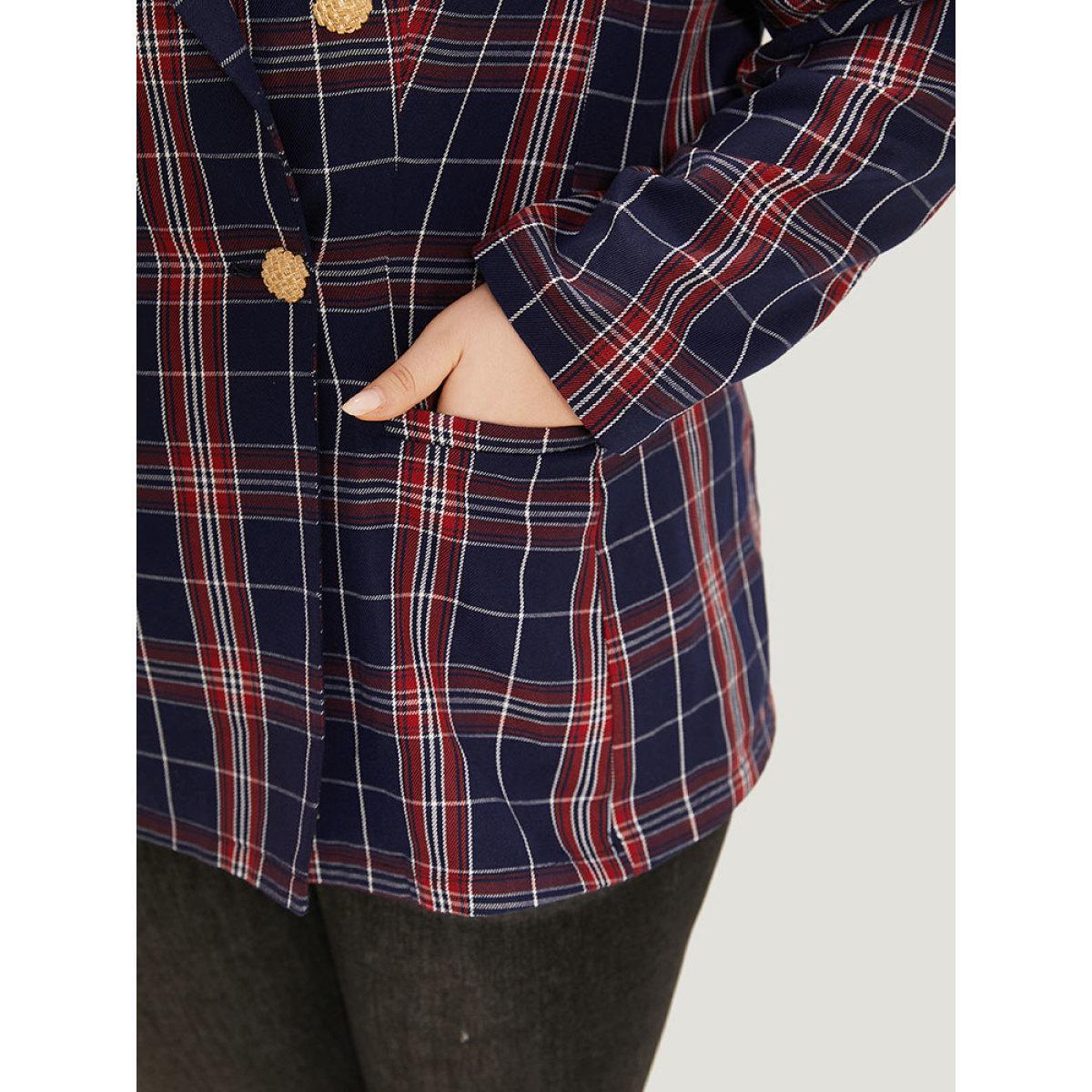 Plus Size Plaid Suit Collar Button Up Pocket Blazer Indigo Women Dailywear Plaid Contrast Sleeve Long Sleeve Suit Collar 10/M Pocket Casual Blazers BloomChic Product Image
