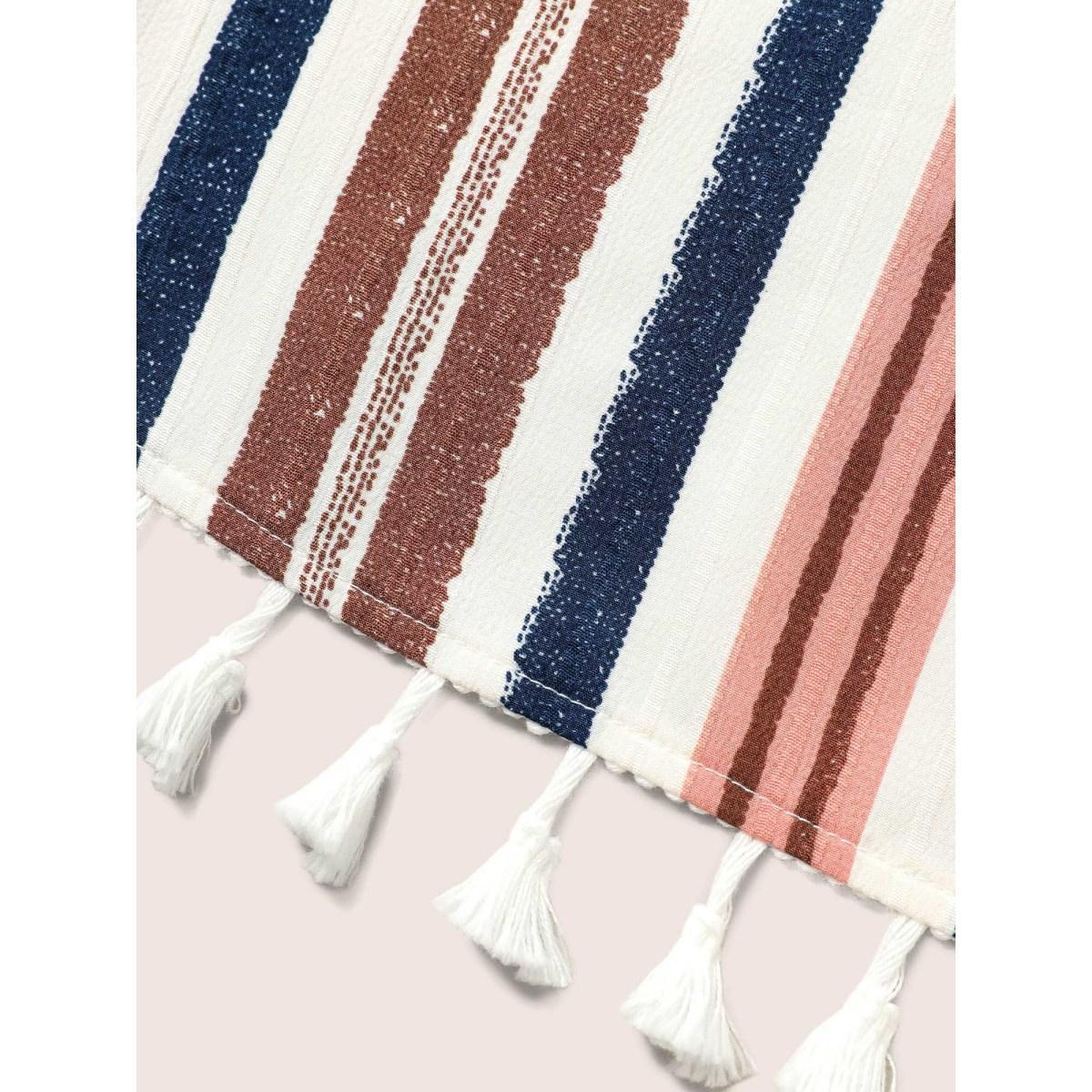 Plus Size Striped Elastic Waist Tassel Trim Gathered Dress Originalwhite Women Resort Flat collar with V-notch Short sleeve Curvy BloomChic 14-16/1X Product Image