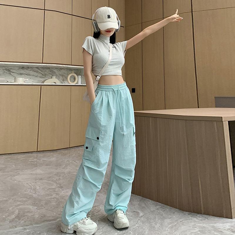 High Rise Plain Drawstring Wide Leg Cargo Pants Product Image