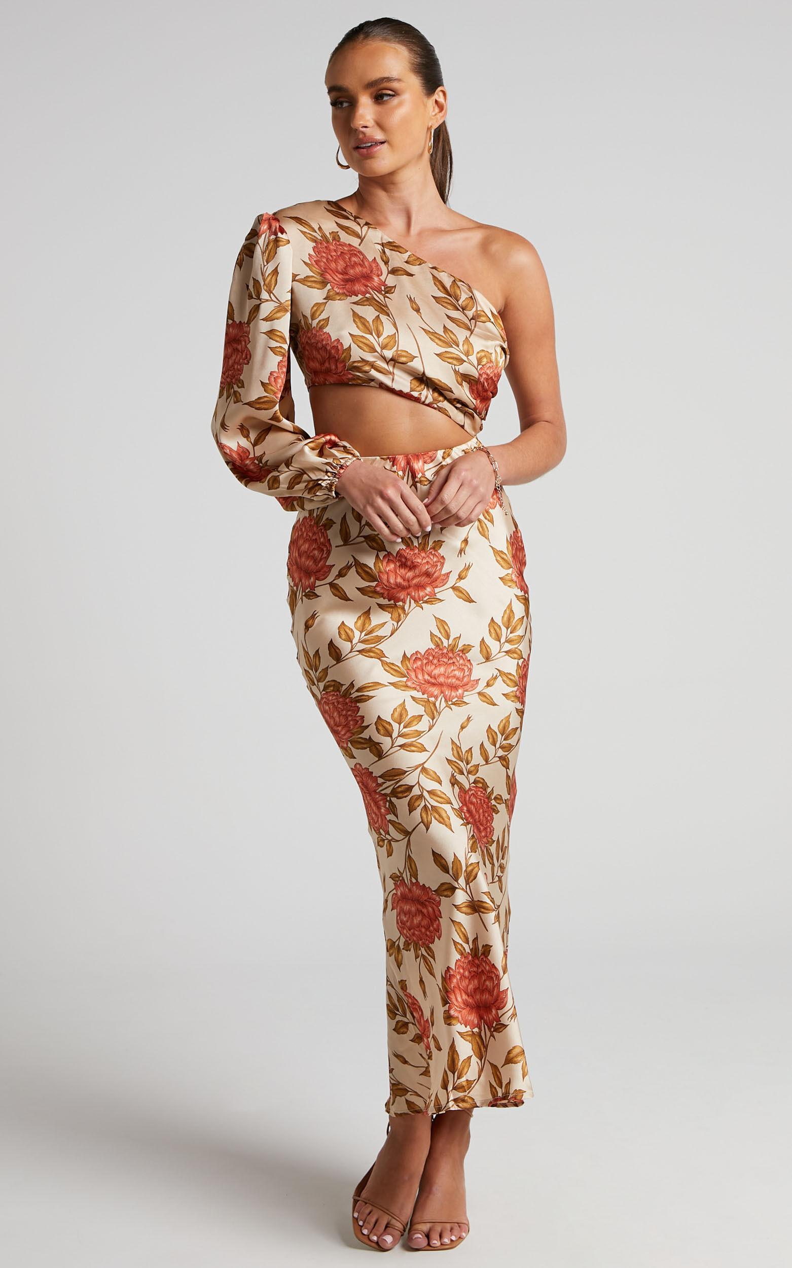 Abagail Midi Dress - One Shoulder Cut Out Dress in Beige Floral Product Image