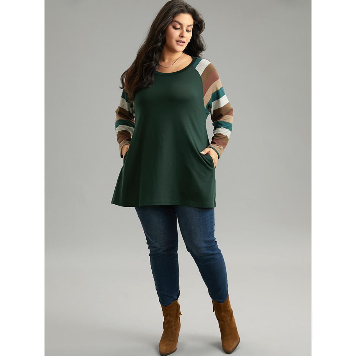 Plus Size Striped Colorblock Contrast Pocket Raglan Sleeve T-shirt DarkGreen Women Elegant Contrast Striped Round Neck Dailywear T-shirts BloomChic 30/6X Product Image