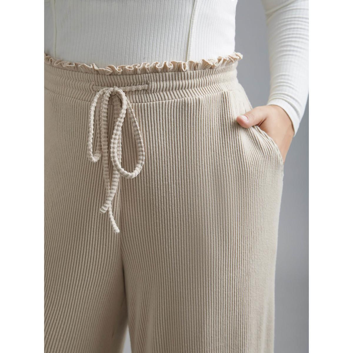 Plus Size Solid Drawstring Fit Stretch Pants Women Apricot Casual Wide Leg Mid Rise Everyday Pants BloomChic 22-24/3X Product Image