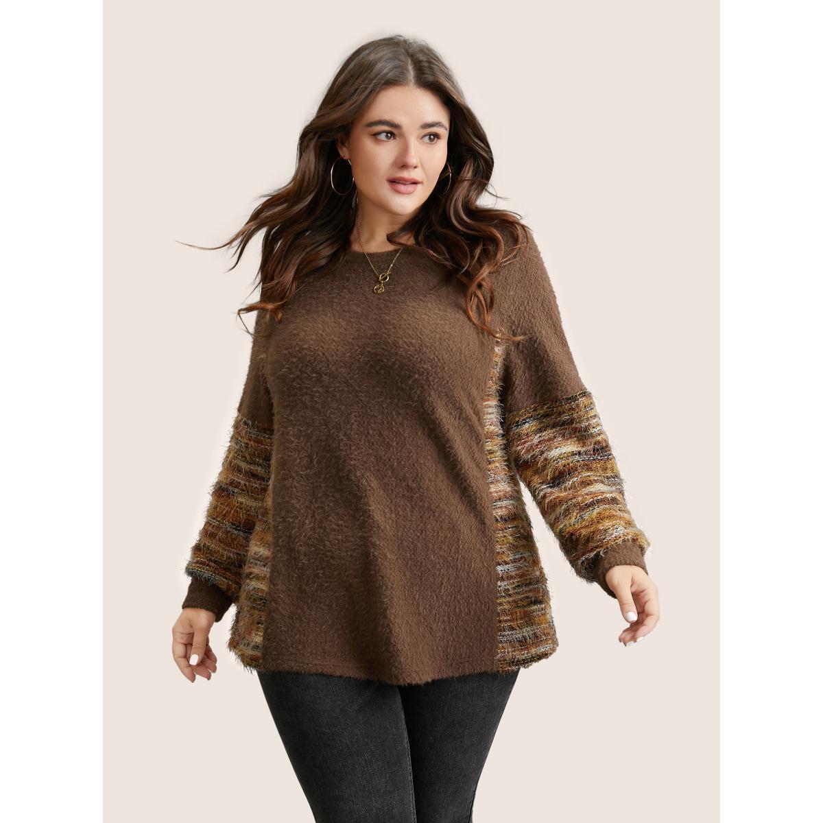 Plus Size Round Neck Patchwork Heather Fluffy Sweatshirt Women DarkBrown Casual Texture Round Neck Dailywear Sweatshirts BloomChic 14-16/1X Product Image