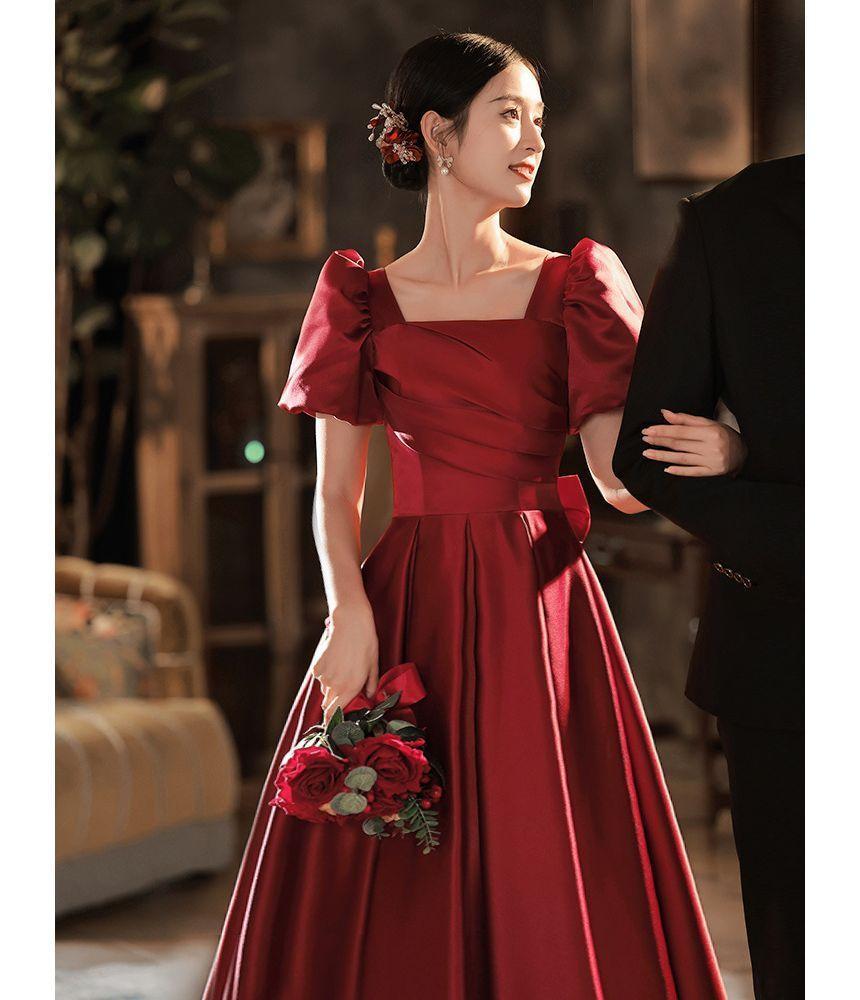 Puff Sleeve Square Neck Plain Pleated Bow A-Line Evening Gown Product Image