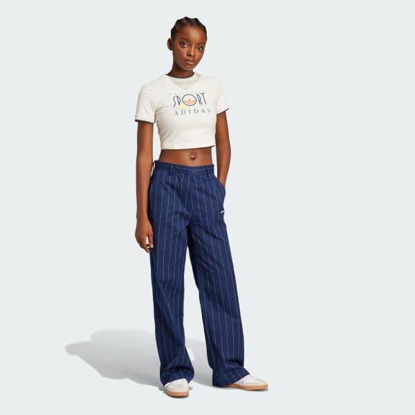 adidas Pinstripe Twill Loose Pants Off White 2 Womens Product Image