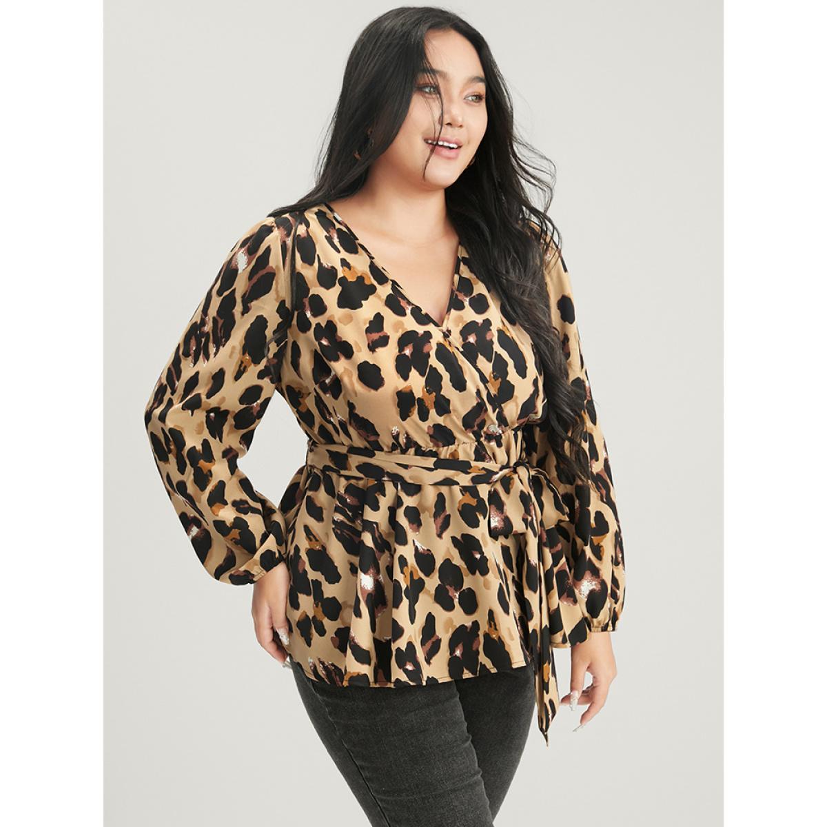 Plus Size LightBrown Leopard Belted Wrap Lantern Sleeve Blouse Women Elegant Long Sleeve V-neck Dailywear Blouses BloomChic 12/L Product Image