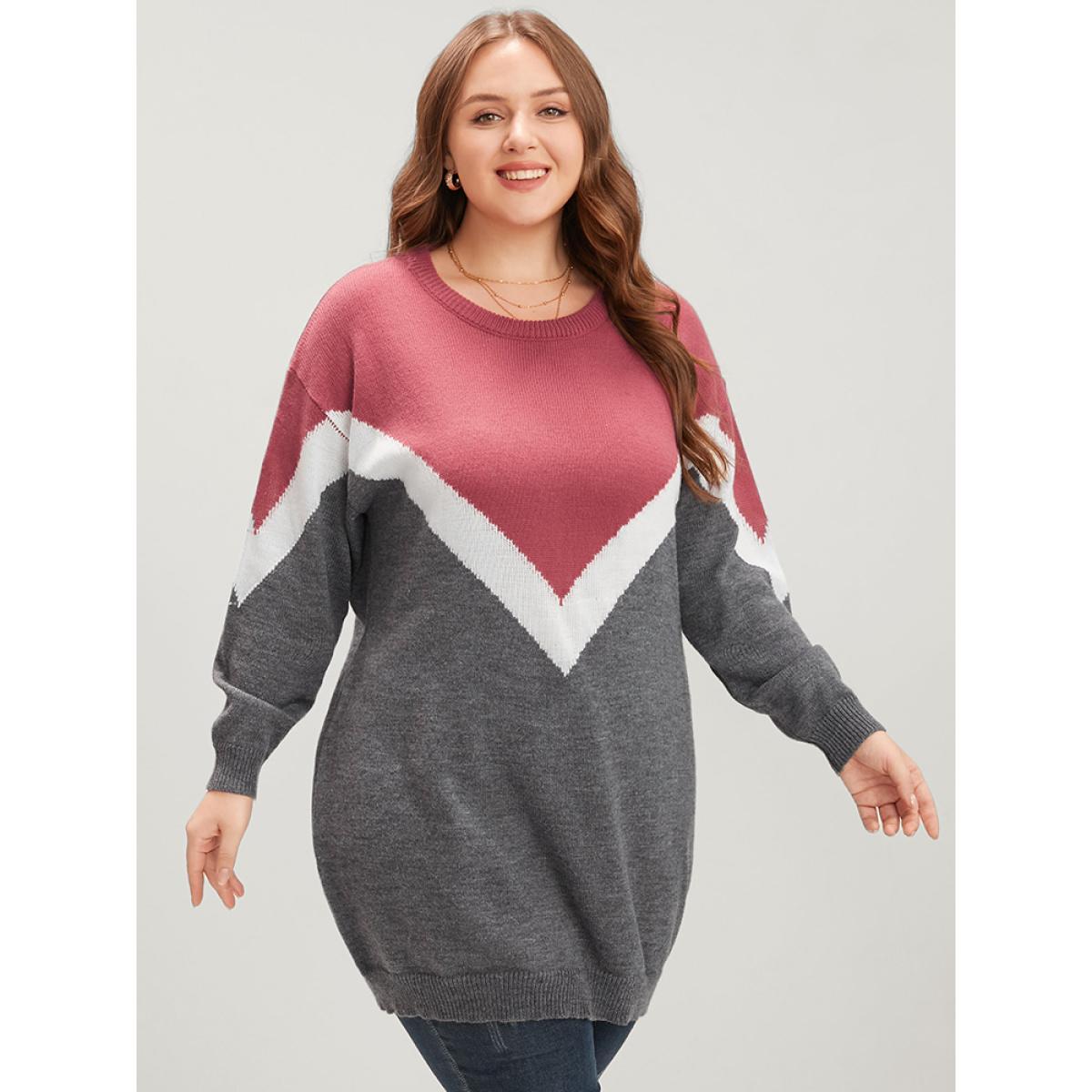 Plus Size Colorblock Contrast Pointelle Knit Round Neck Mid Long Knit Top Burgundy Women Casual Loose Long Sleeve Round Neck Everyday Pullovers BloomChic 10/M Product Image