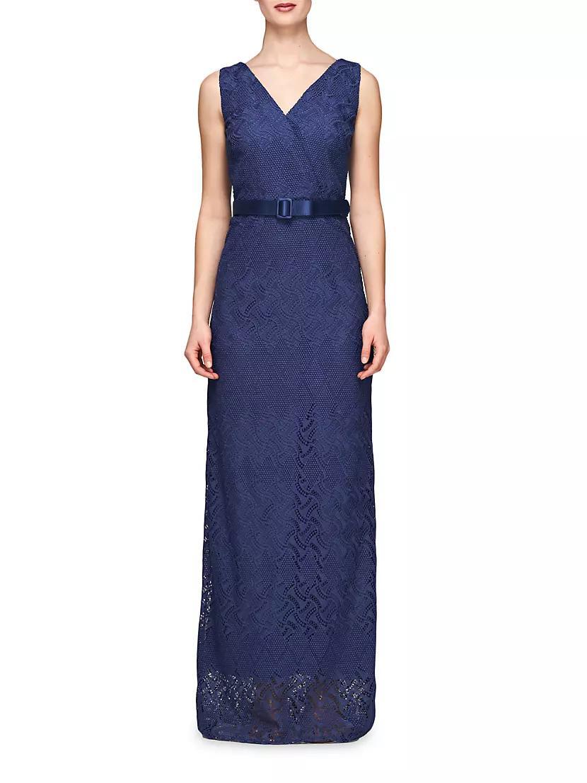 Hendrix Belted Lace Column Gown Product Image
