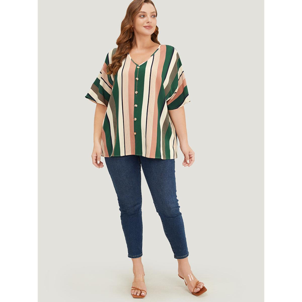 Plus Size Multicolor Striped Print Button Detail Batwing Sleeve Blouse Women Vacation Half Sleeve V-neck Dailywear Blouses BloomChic 26/4X Product Image