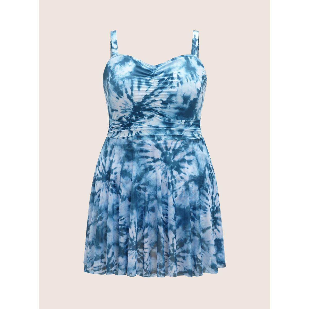 Plus Size Heart Neckline Tie Dye Ruched Swim Dress Women's Swimwear Cerulean Beach Bodycon Heart neckline High stretch Curve Swim Dresses BloomChic 30/6X Product Image