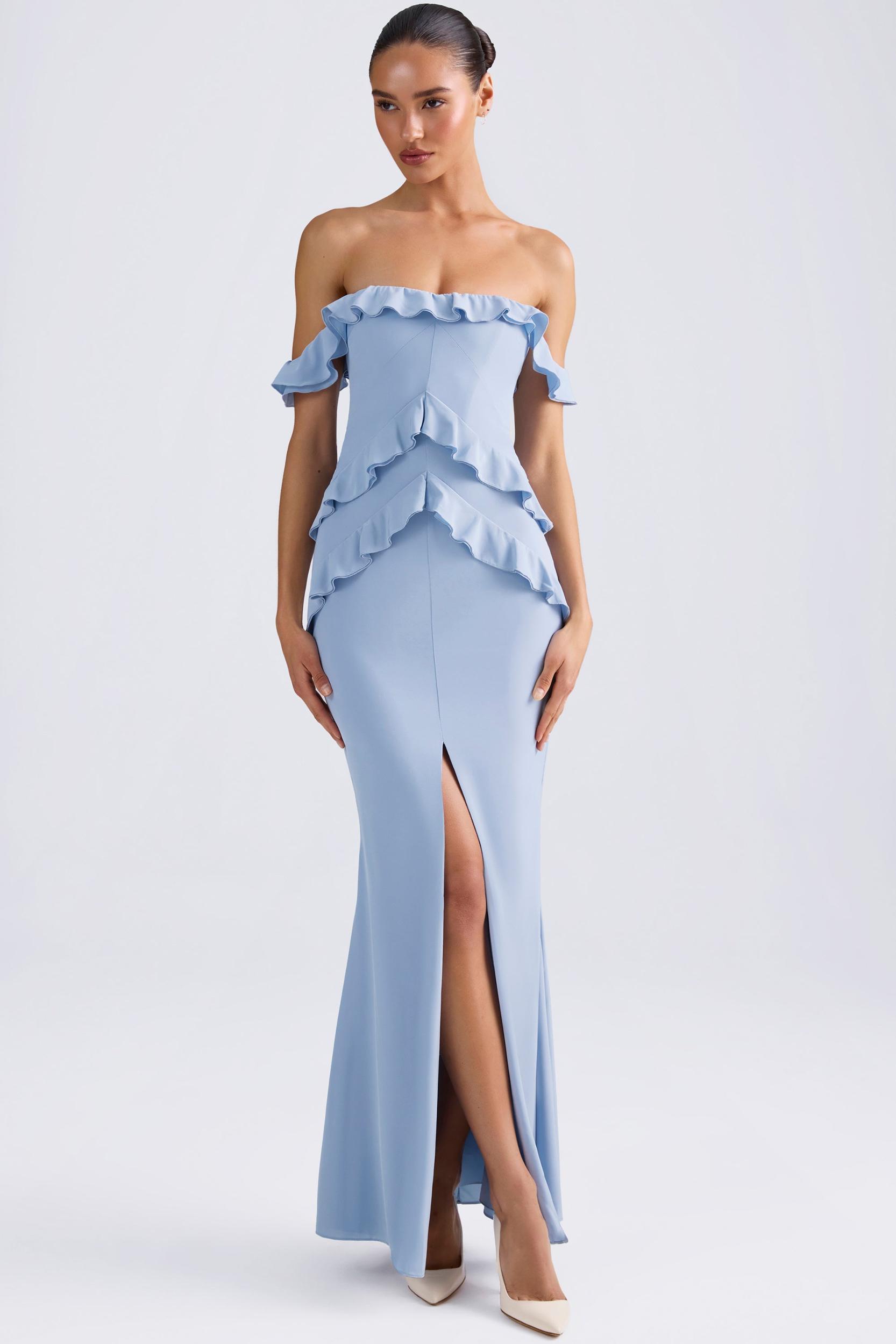 Off-Shoulder Ruffle-Trim Gown in Light Blue Product Image