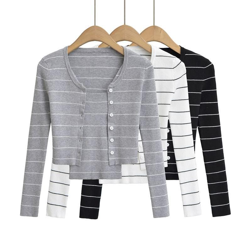 Set: Striped Button-Up Crop Cardigan + Cami Top Product Image
