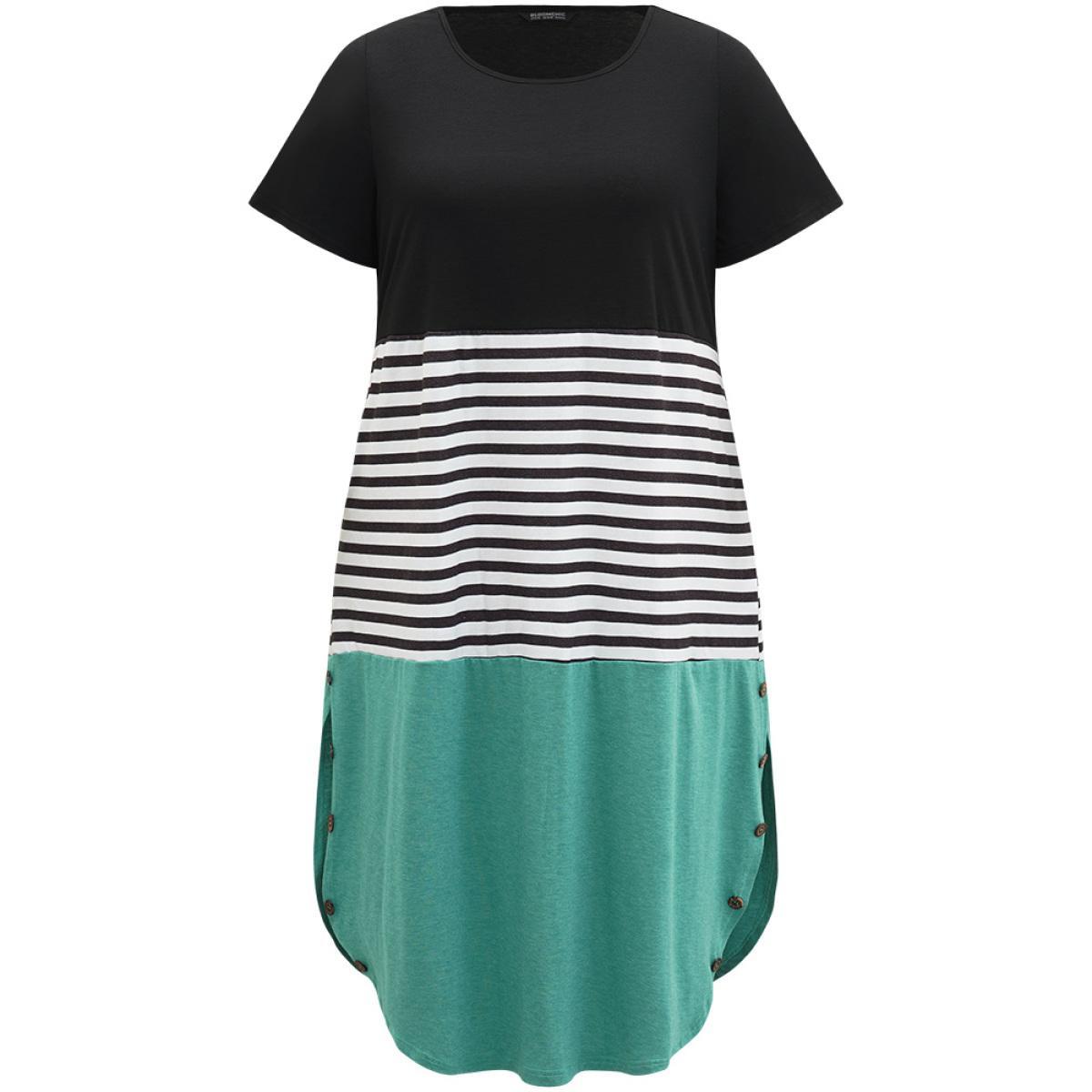Plus Size Supersoft Essentials Striped Colorblock Arc Hem Button Detail Dress Black Women Casual Arc Hem Round Neck Short sleeve Curvy Midi Dress BloomChic 18-20/2X Product Image