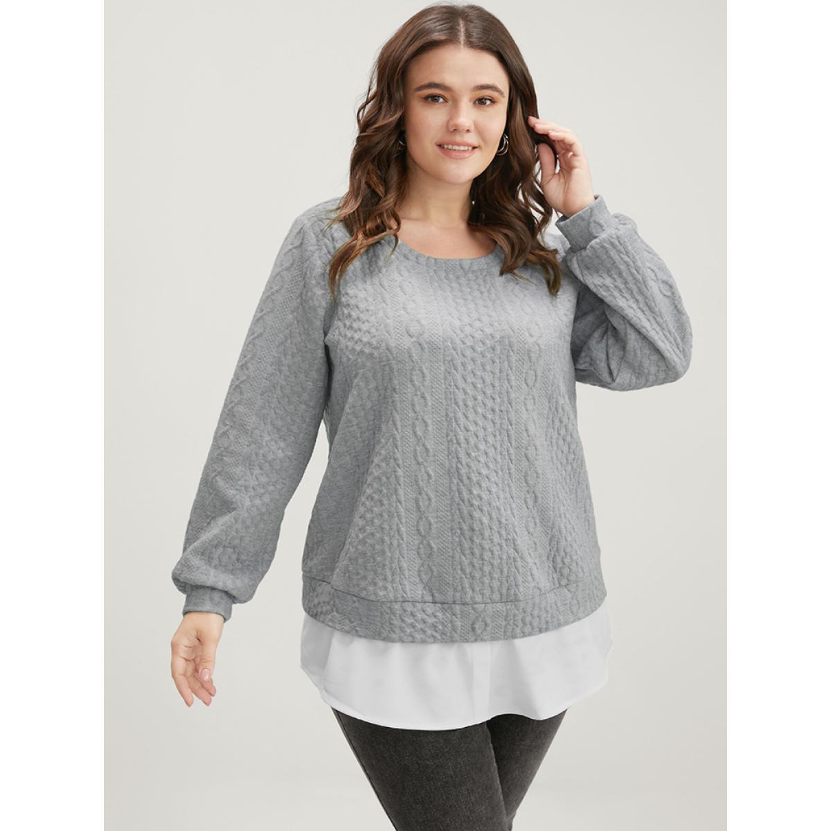 Plus Size Solid Textured Round Neck 2-In-1 Sweatshirt Women Gray Casual Patchwork Round Neck Dailywear Sweatshirts BloomChic 22-24/3X Product Image