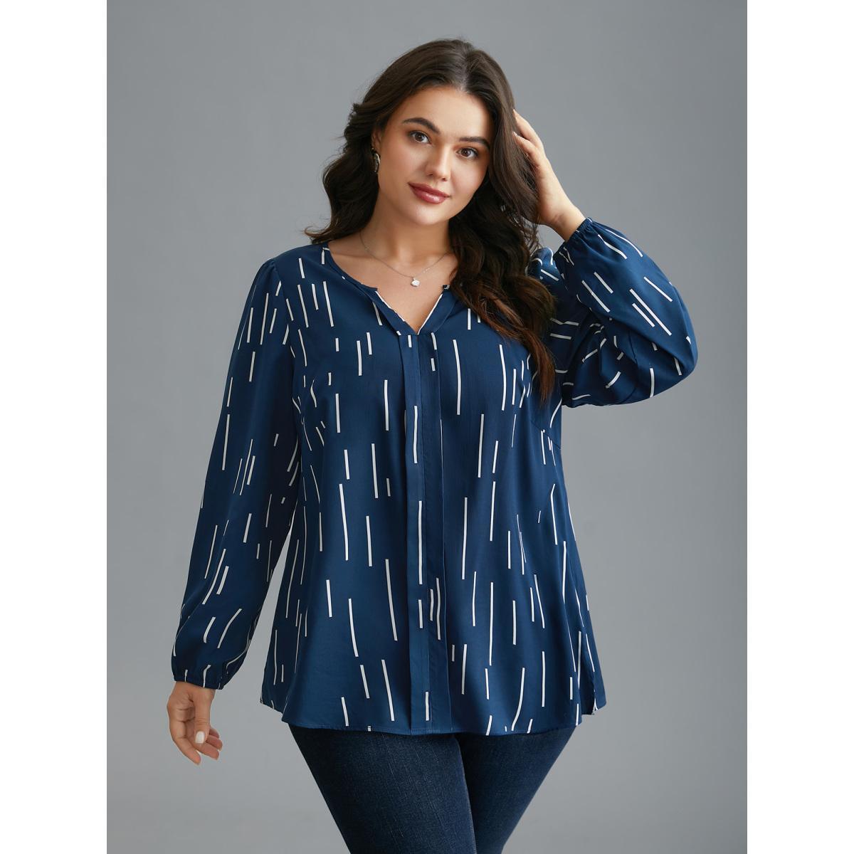 Plus Size Indigo Geometric Print Notched Collar Blouse Women At the Office Long Sleeve Notched collar Work Blouses BloomChic 18-20/2X Product Image