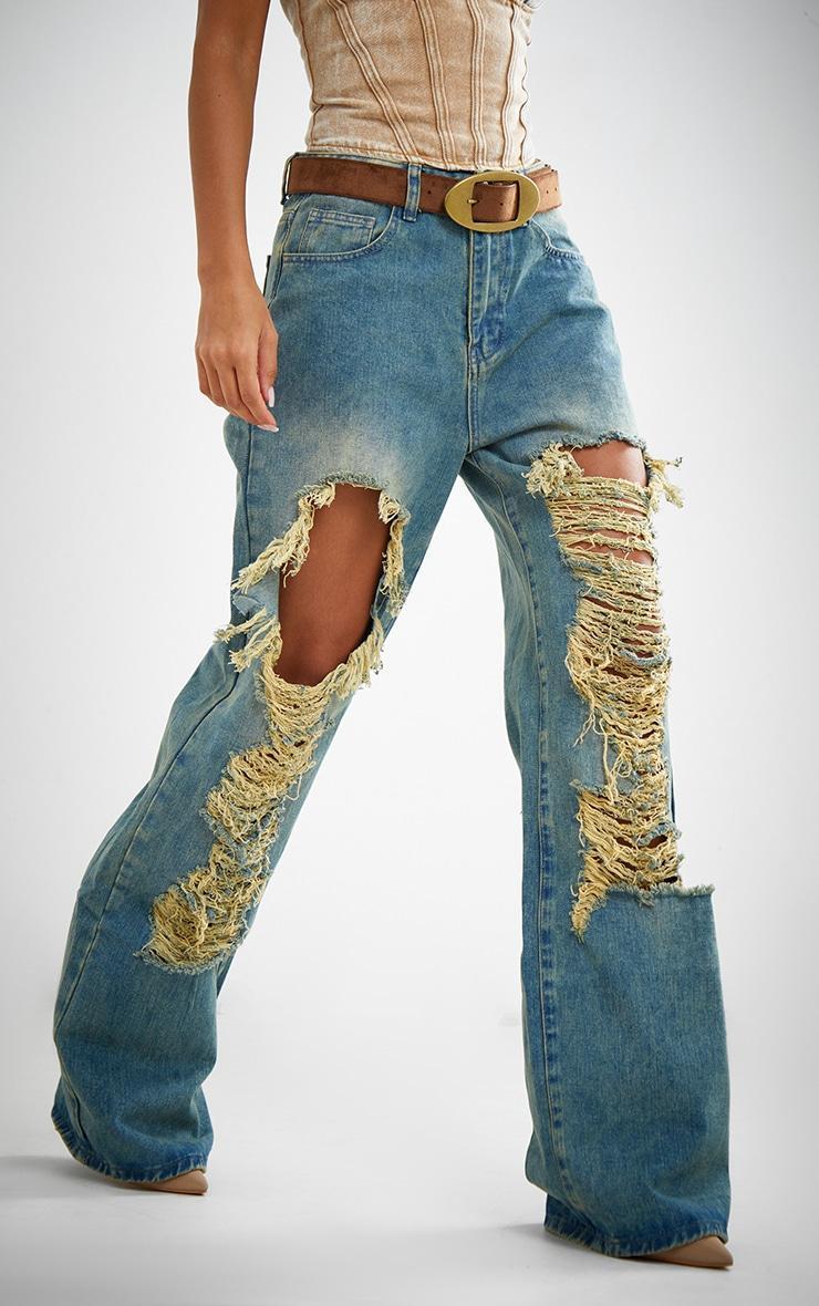 Indigo Vintage Wash Extreme Rip Front Straight Leg Jeans Product Image