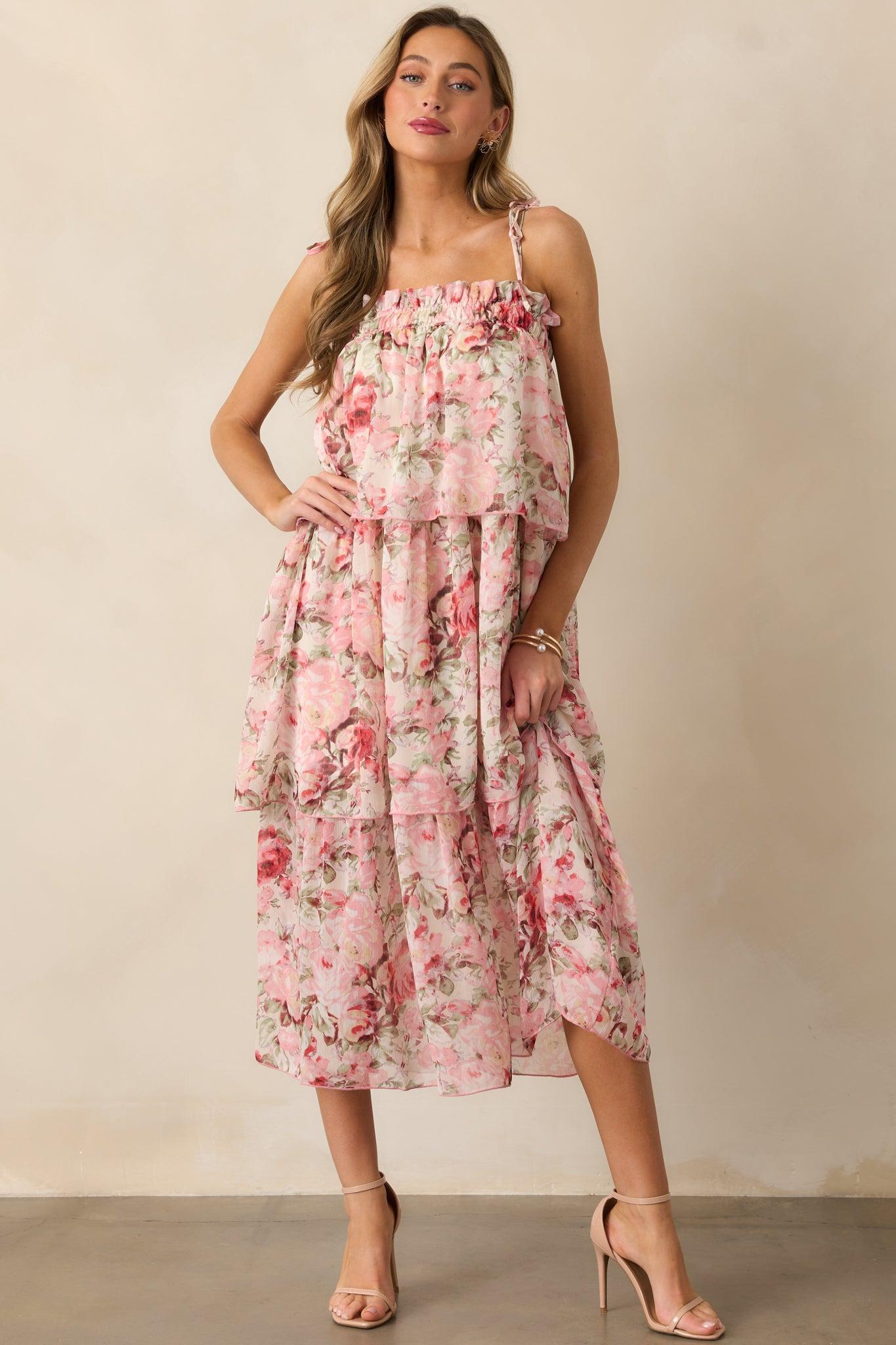 Flourishing Frenzy Pink Floral Print Midi Dress Product Image