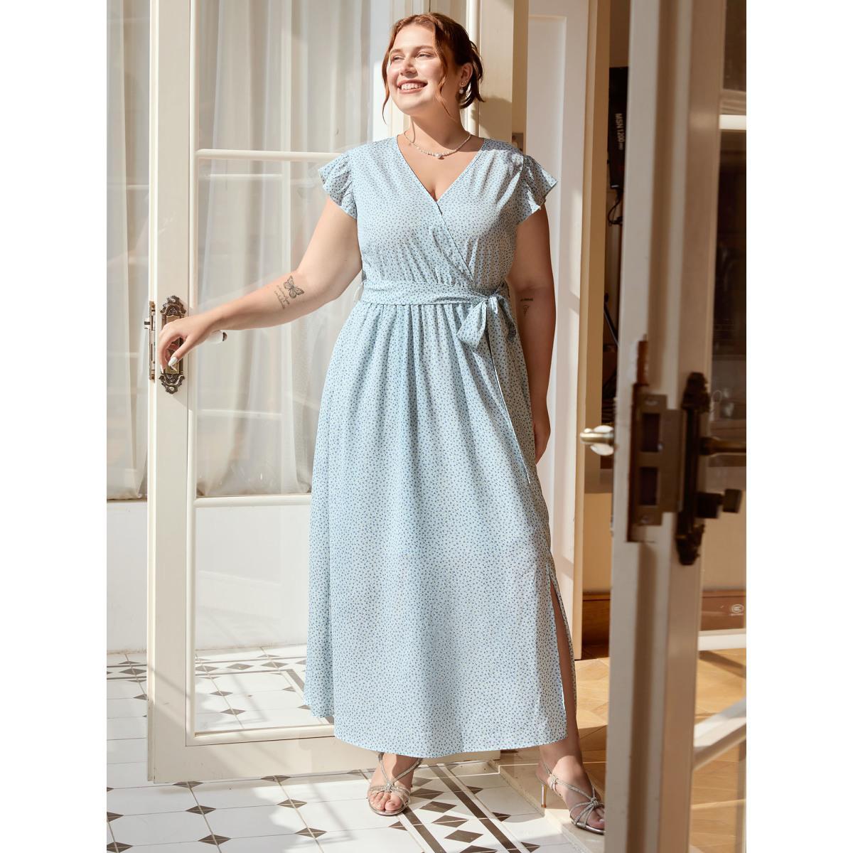 Plus Size Floral Print Slit Belted Maxi Dress LightBlue Women Overlap Collar Cap Sleeve Curvy BloomChic 22-24/3X Product Image