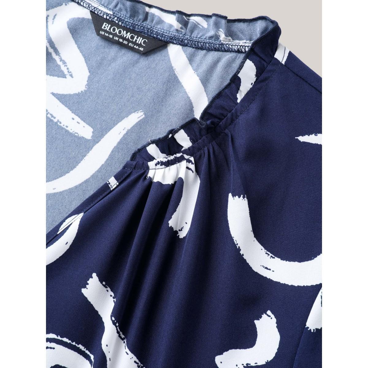 Plus Size Indigo Scribble Print Ruffled Split Neck Blouse Women Elbow-length sleeve Notched collar Work Blouses BloomChic 30/6X Product Image
