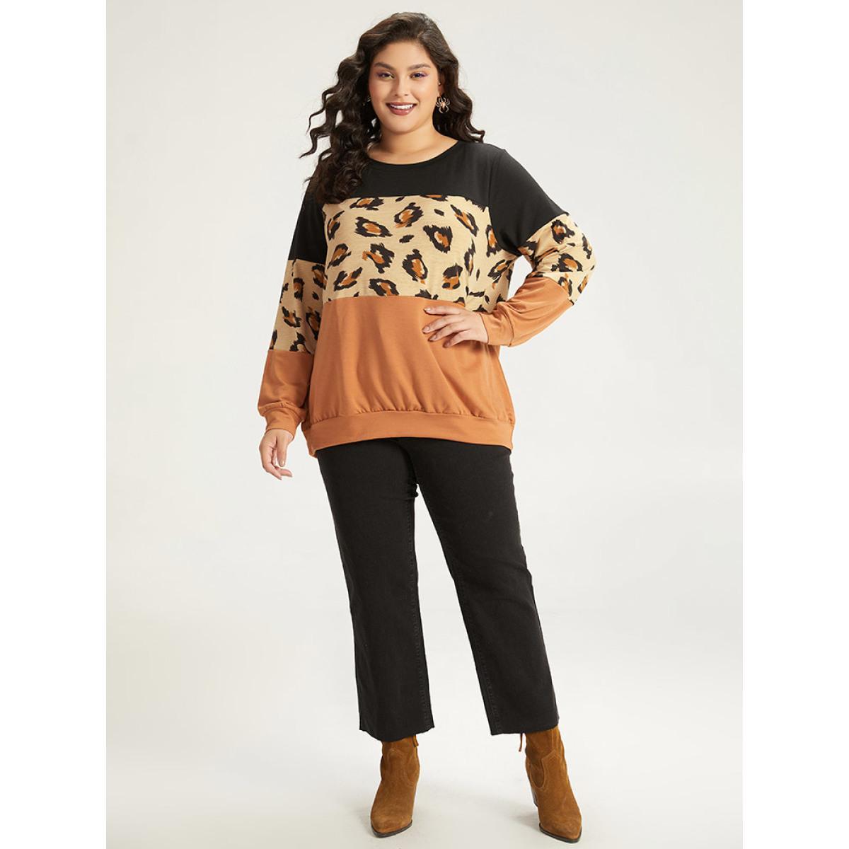 Plus Size Halloween Leopard Patchwork Contrast Sweatshirt Women Multicolor Casual Contrast Round Neck Festival-Halloween Sweatshirts BloomChic 18-20/2X Product Image
