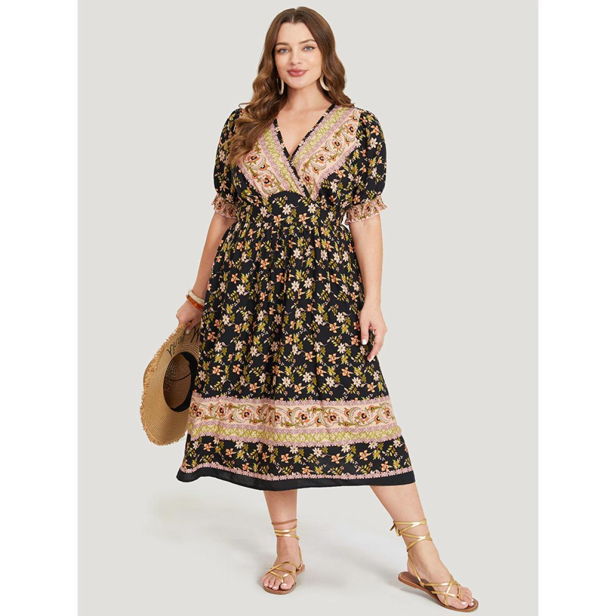 Plus Size Bandana Print Surplice Neck Pocket Shirred Puff Sleeve Dress BlackFlower Women Vacation Overlap Collar Short sleeve Curvy Midi Dress BloomChic 18-20/2X Product Image