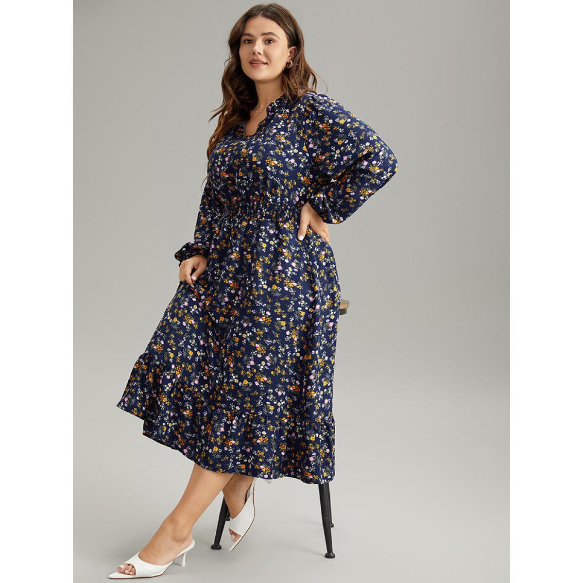 Plus Size Ditsy Floral Notched Shirred Pocket Elastic Waist Dress Navy Women Office Elastic cuffs Notched collar Long Sleeve Curvy Midi Dress BloomChic 30/6X Product Image