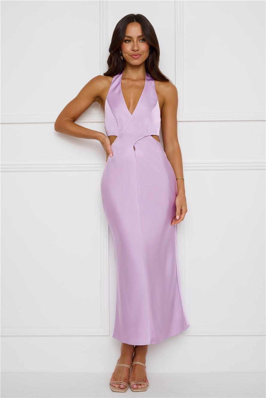 Chic Soirée Satin Halter Midi Dress Lilac Product Image