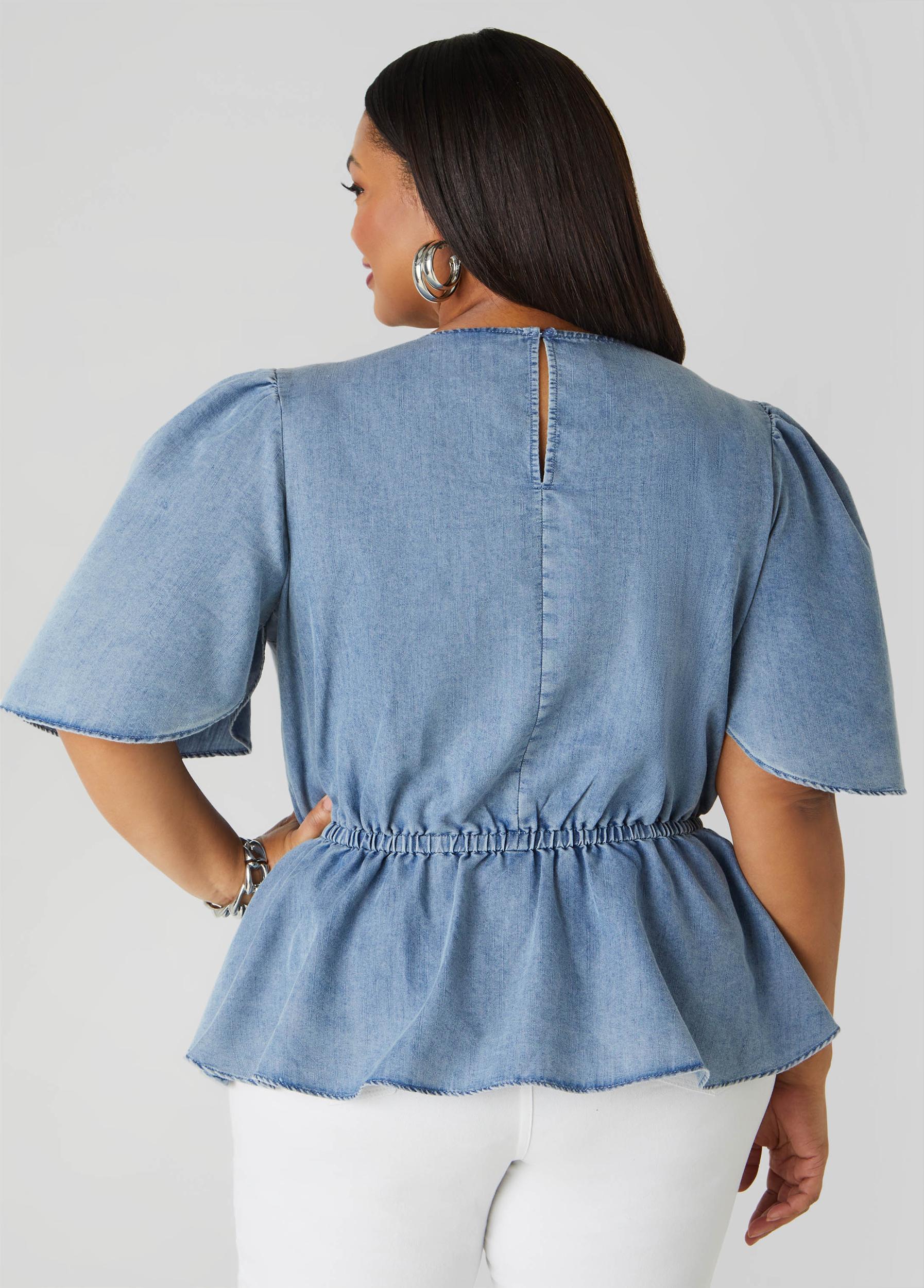 Plus Size Pleated Peplum Denim Top Ashley Stewart Product Image