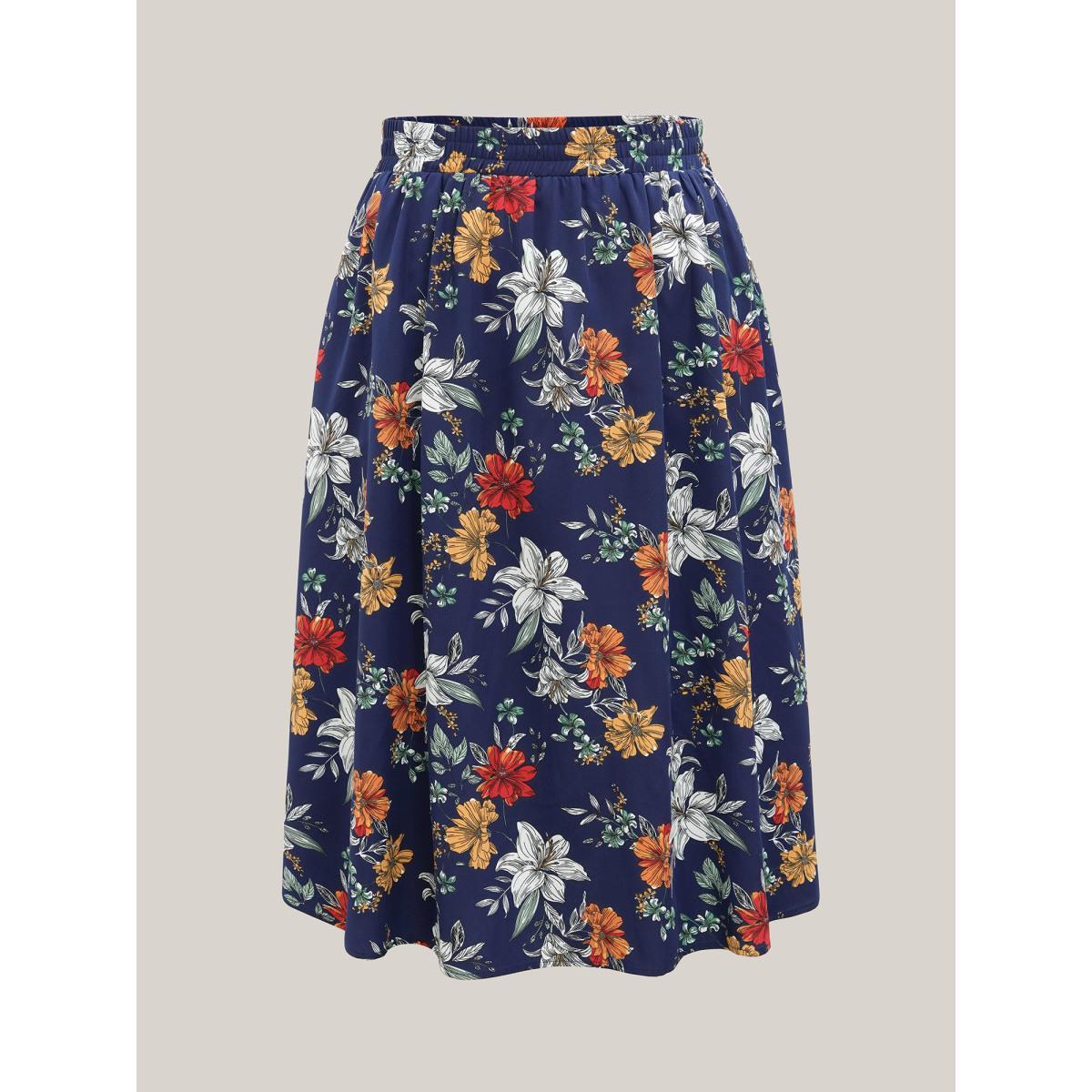 Plus Size Floral Print Drawstring Pleated Midi Skirt Women DarkBlue Elegant Bodycon Low stretch Slanted pocket Everyday Skirts BloomChic 18-20/2X Product Image