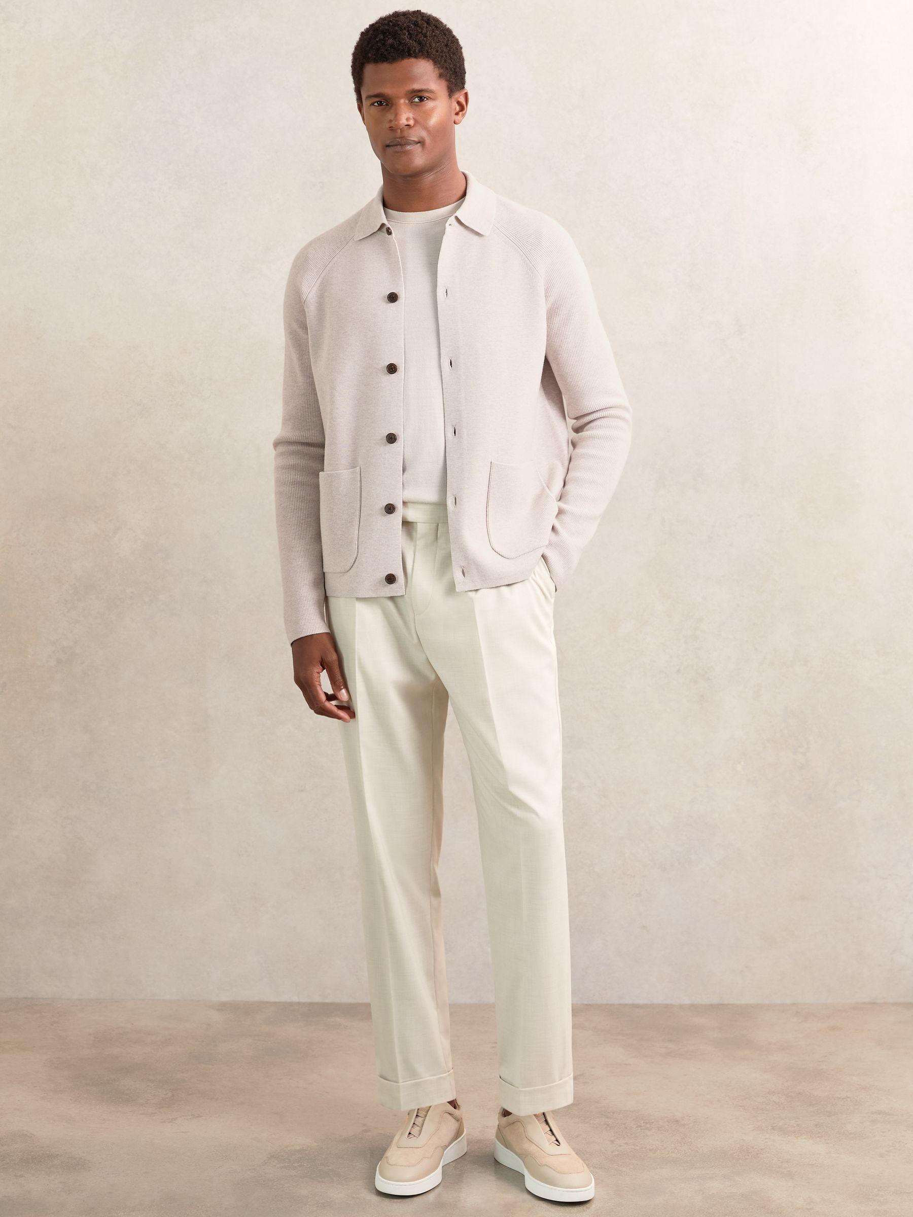 Button-Through Ribbed-Sleeve Shirt in Oatmeal Brown Product Image
