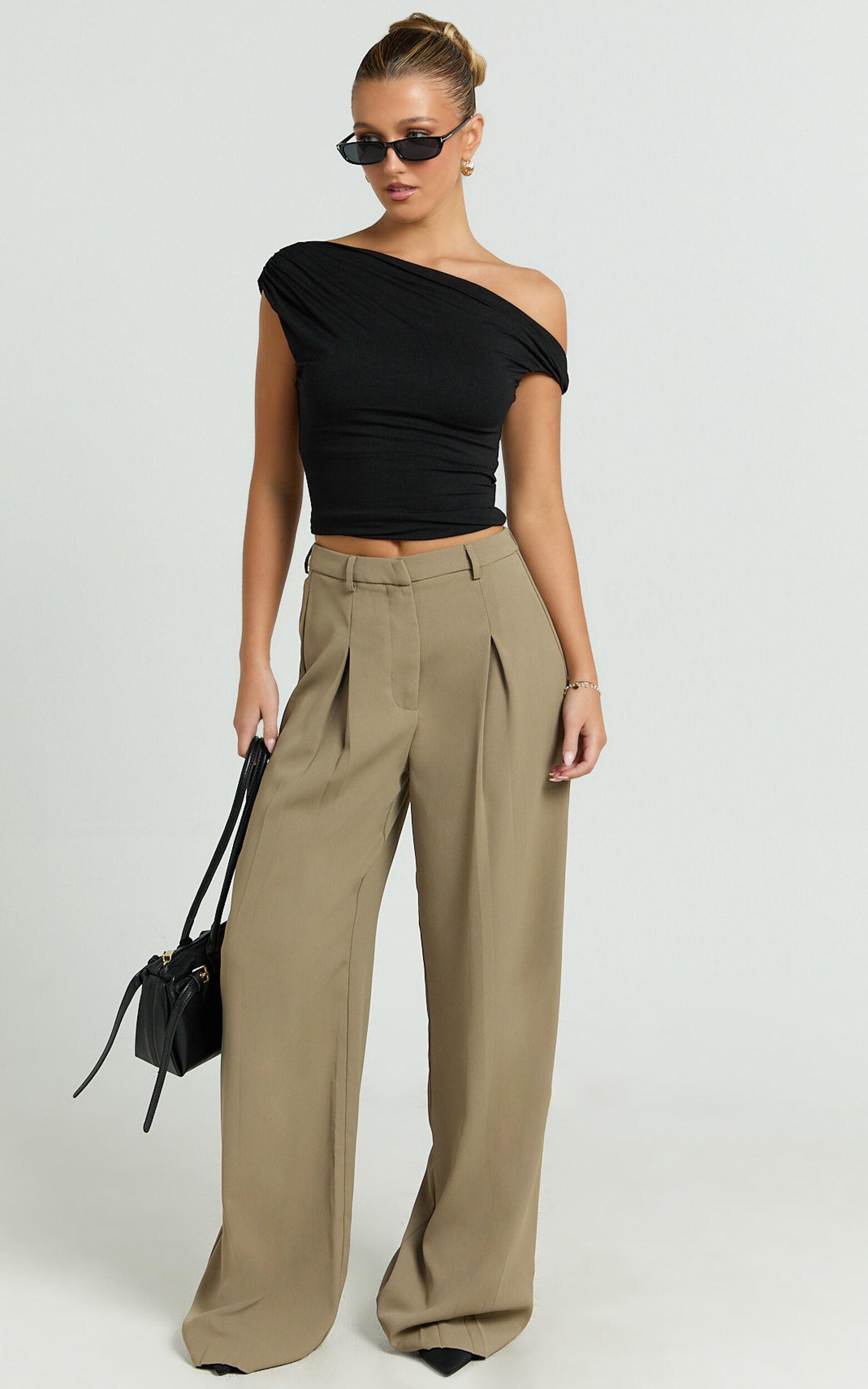 Harlee Pants - Mid Waist Pleated Wide Leg Pants in Olive Product Image