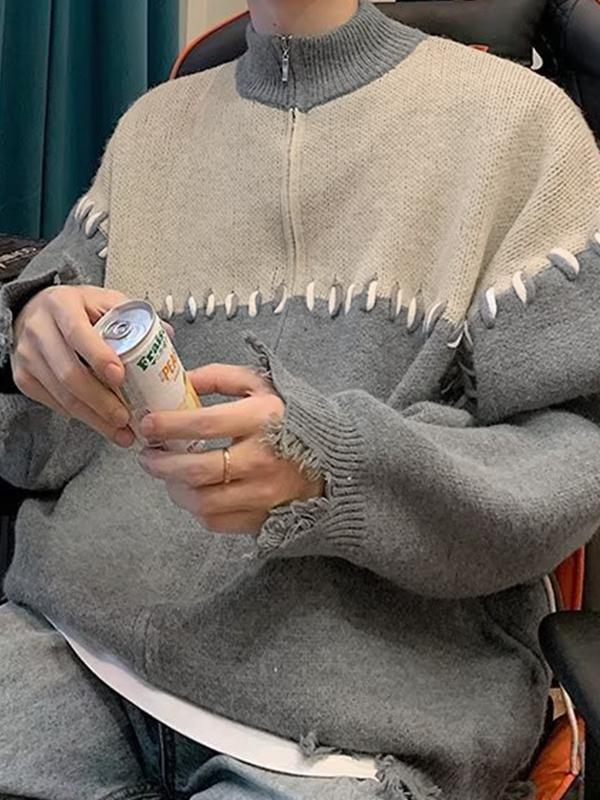 Men's Splice Tattered Design Zip Up Knit Jacket Product Image