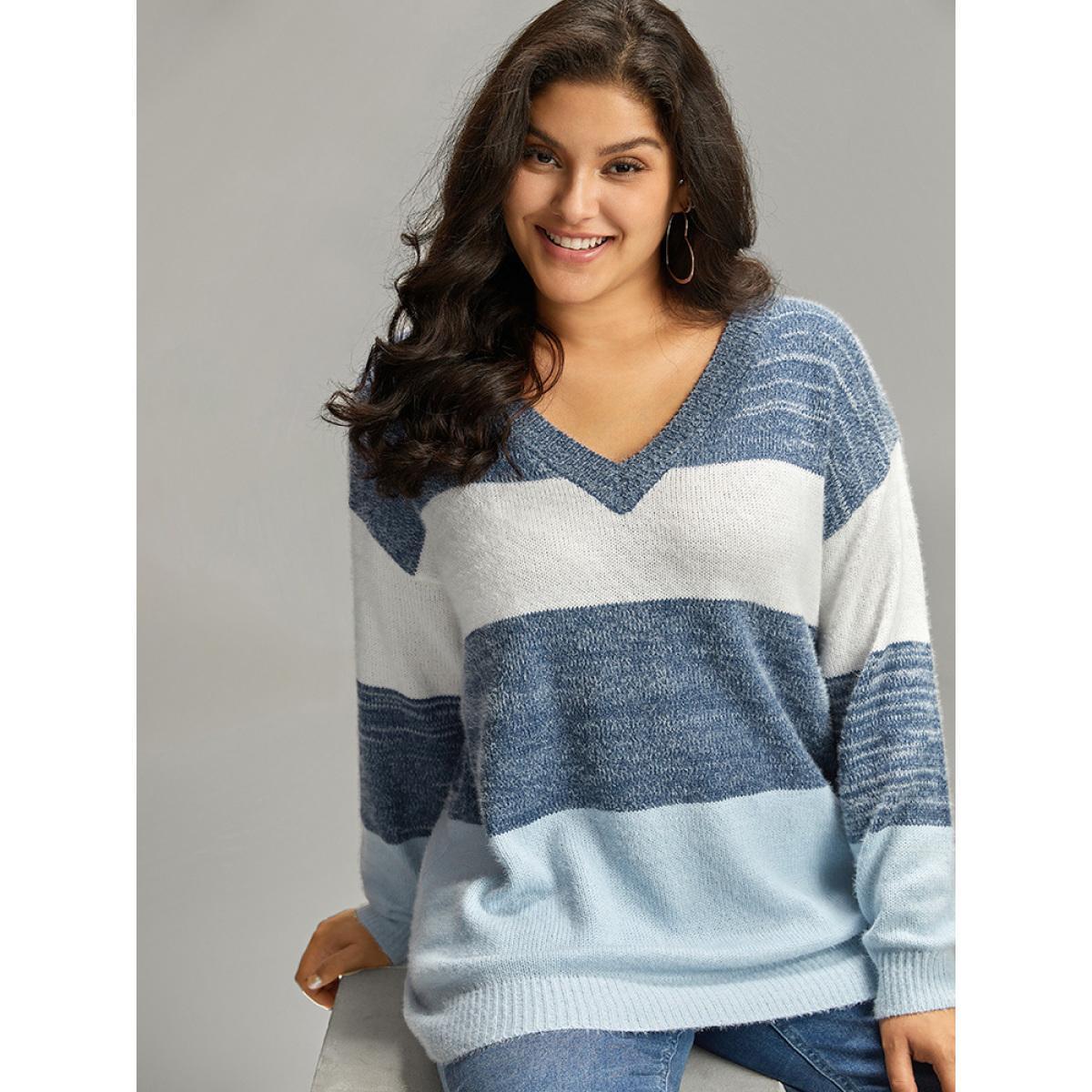 Plus Size Colorblock Contrast V Neck Pullover Multicolor Women Casual Long Sleeve V-neck Dailywear Pullovers BloomChic 10/M Product Image