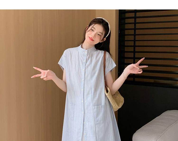 Maternity Short-Sleeve Band Collar Striped Midi A-Line Dress / High Rise Plain Lace Midi A-Line Skirt Product Image