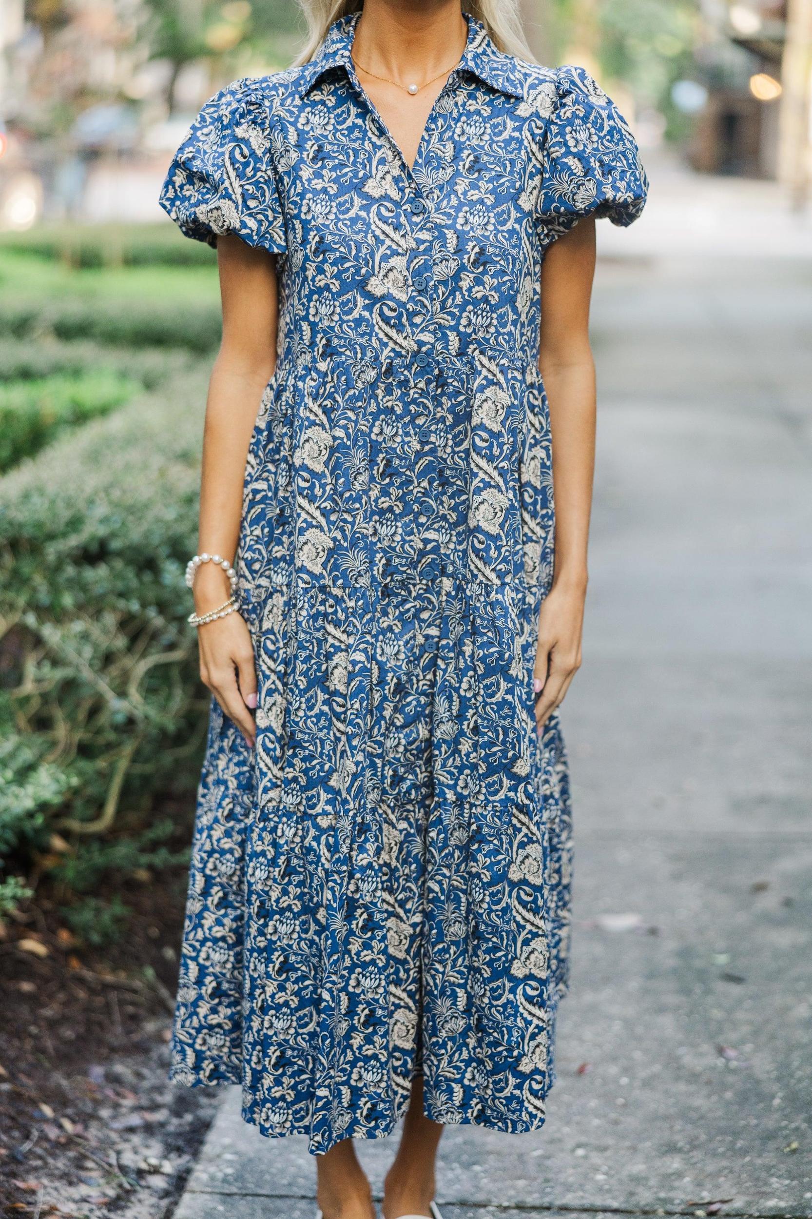 Just So Perfect For You Navy Paisley Button Down Midi Dress Female Product Image