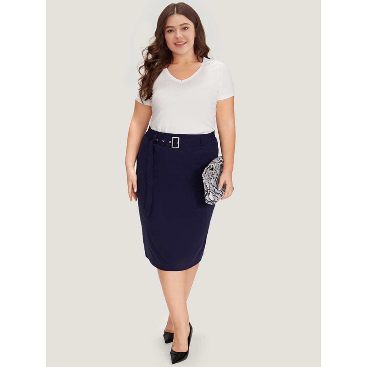 Plus Size Plain Belted Split Hem Skinny Skirt Women Blue Office Belted Bodycon No stretch Belt Work Skirts BloomChic 18-20/2X Product Image