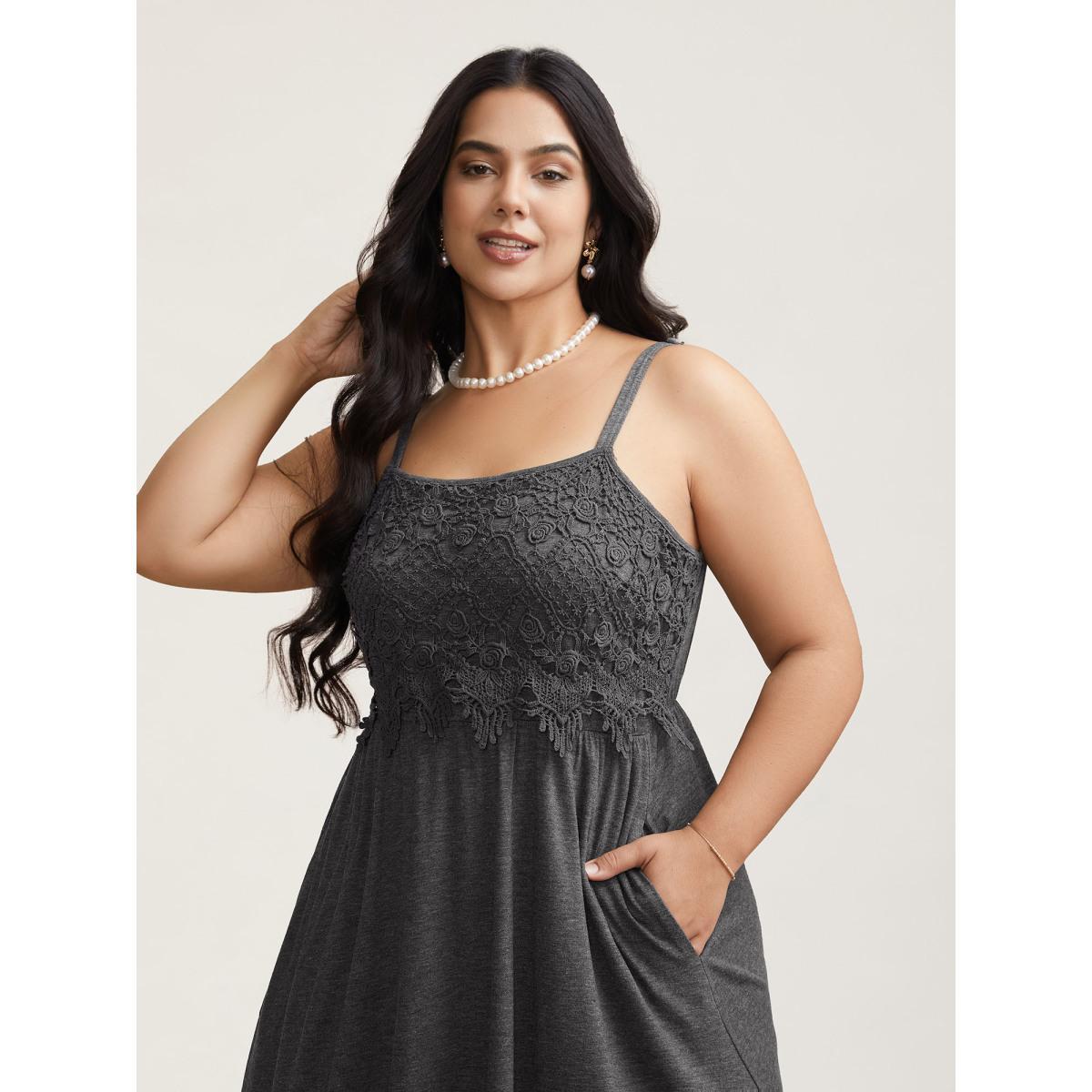 Plus Size Lace Waist-Cinched Pockets Midi Dress DarkGray Women Elegant Woven ribbon&lace trim Square Neck Sleeveless Curvy BloomChic 18-20/2X Product Image