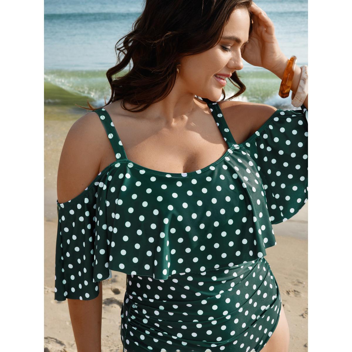Plus Size Cold-Shoulder Polka Dot Ruffle One-Piece Swimsuit Women's Swimwear DarkGreen Beach Gathered Curve Bathing Suits High stretch One Pieces BloomChic 30/6X Product Image